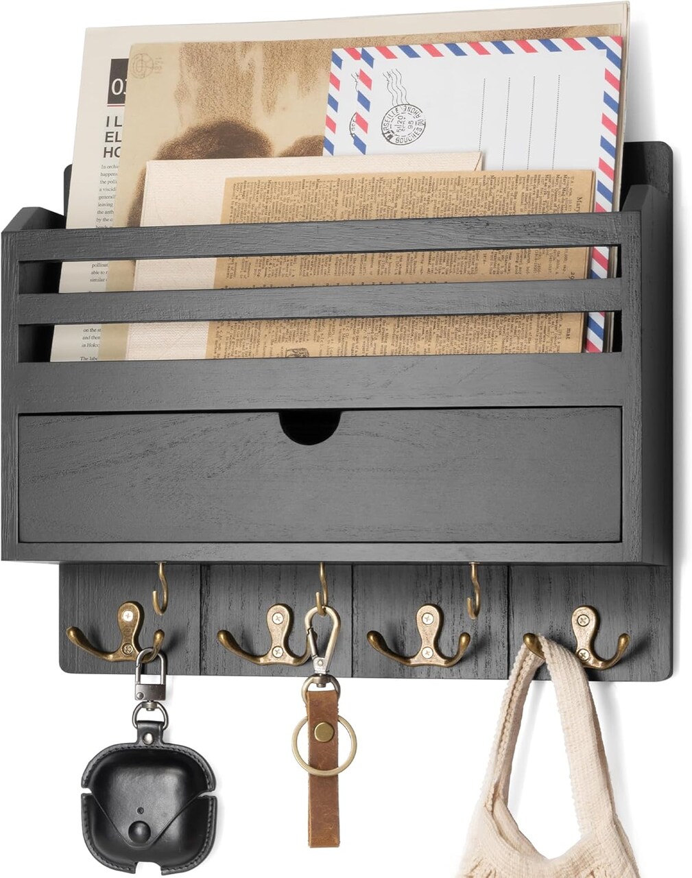 Decorative Wall-Mounted Mail Organizer with Drawer – Wood Key Holder with 7 Hooks for Entryway, Hallway, or Office (Black)